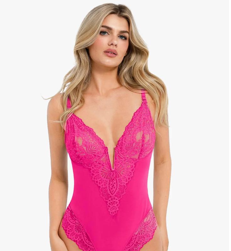Popilush Deep-V Neck Built-in Shaper Lace Bodysuit - live