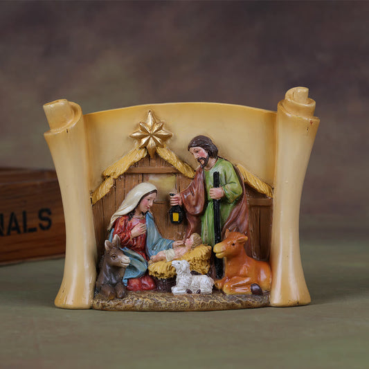 Christianartworkshop Classic Style Colorful Scroll Design Holy Family Nativity Scene Desktop Decorations Ornament