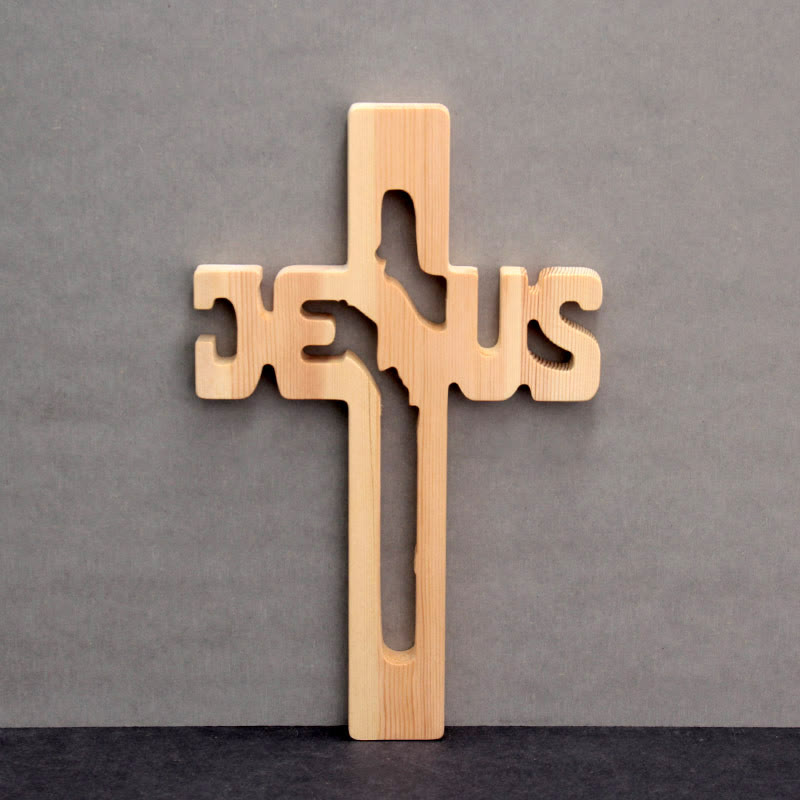 Christianartworkshop Jesus Silhouette Pine Wood Cross Wall Art with Hollow Carved Design