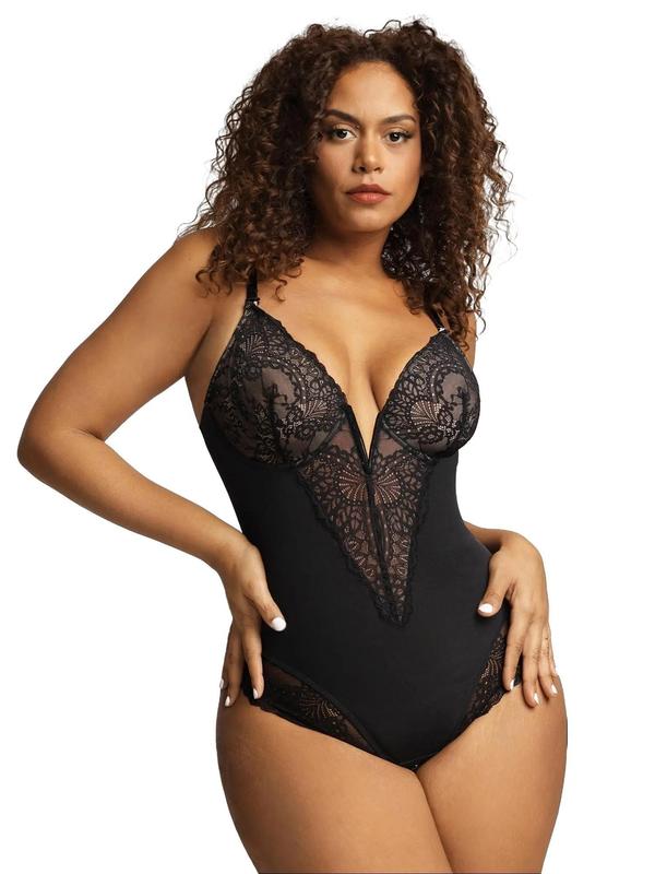 Popilush Deep-V Neck Built-in Shaper Lace Bodysuit - live