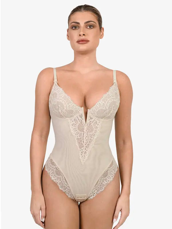 Popilush Deep-V Neck Built-in Shaper Lace Bodysuit - live