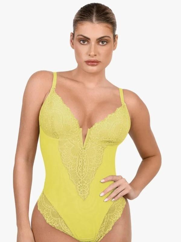 Popilush Deep-V Neck Built-in Shaper Lace Bodysuit - live