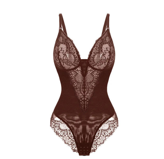 Popilush Deep-V Neck Built-in Shaper Lace Bodysuit - live