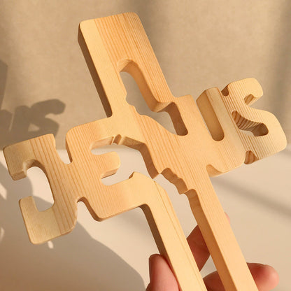 Christianartworkshop Jesus Silhouette Pine Wood Cross Wall Art with Hollow Carved Design