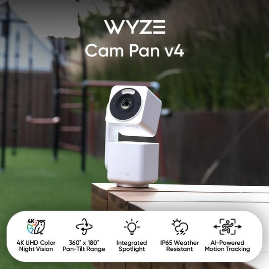 NEW! Wyze Cam Pan v4 -goes 4K! Wired, Indoor/Outdoor Pan Tilt Zoom (PTZ), 360º Motion Tracking, Color Night Vision, WiFi