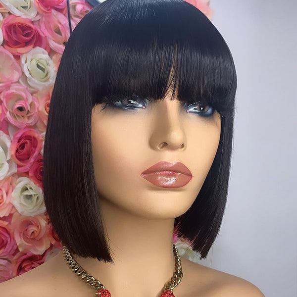 Black Brazilian Straight Hair Short BOB Wigs Lady Wig With Bangs