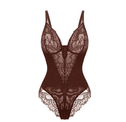 Popilush Deep-V Neck Built-in Shaper Lace Bodysuit - live